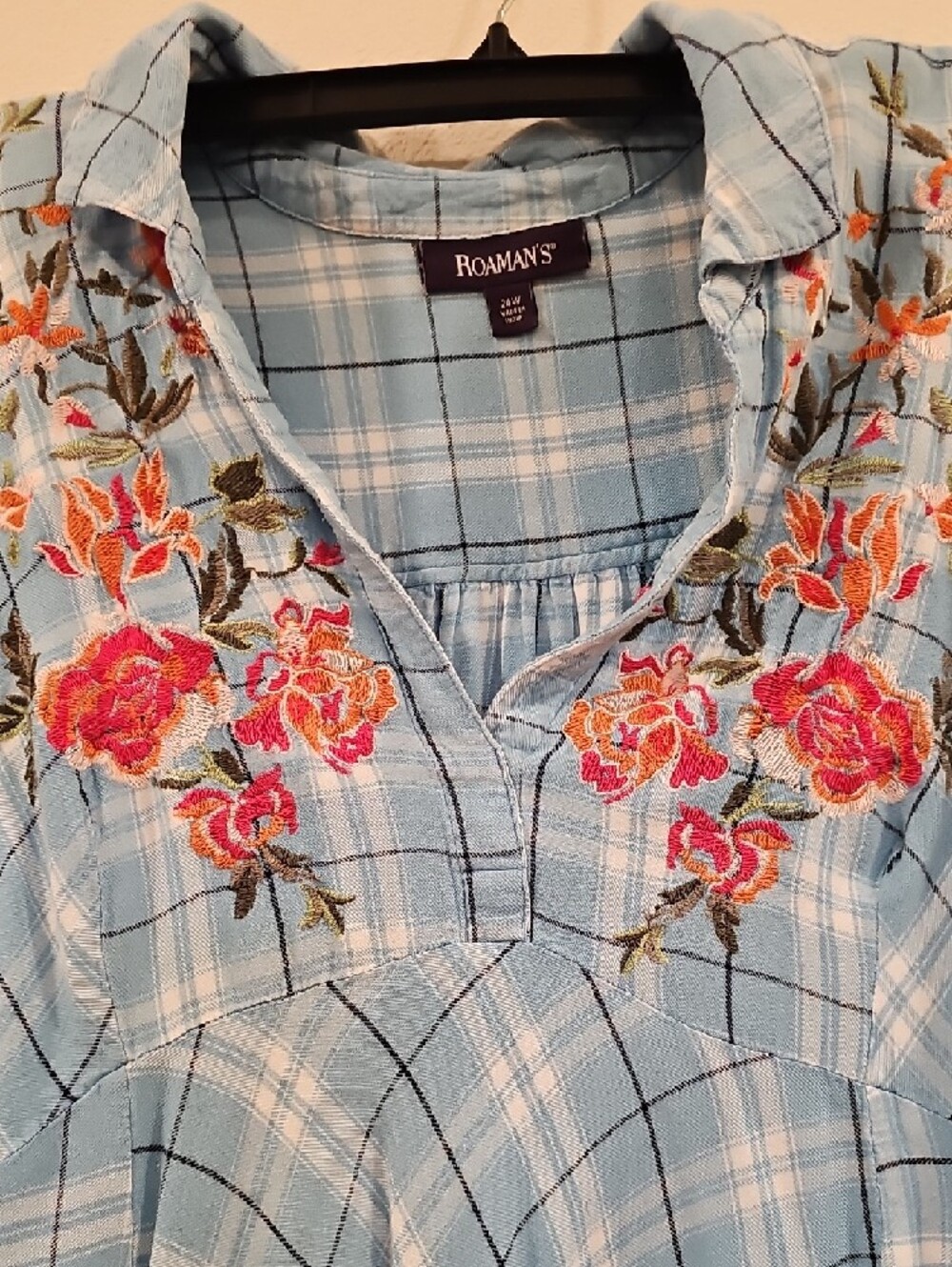 Roaman's Light Blue Plaid Tunic with Floral Embroidery - Picture 2 of 5